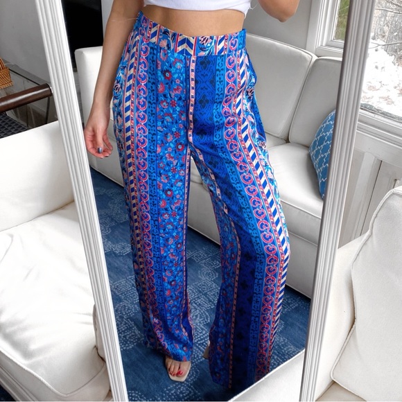 🦋 ZARA BOHO BLUE MULTI TRIBAL SATIN WIDE LEG HIGH WAIST PANTS! - Picture 1 of 16